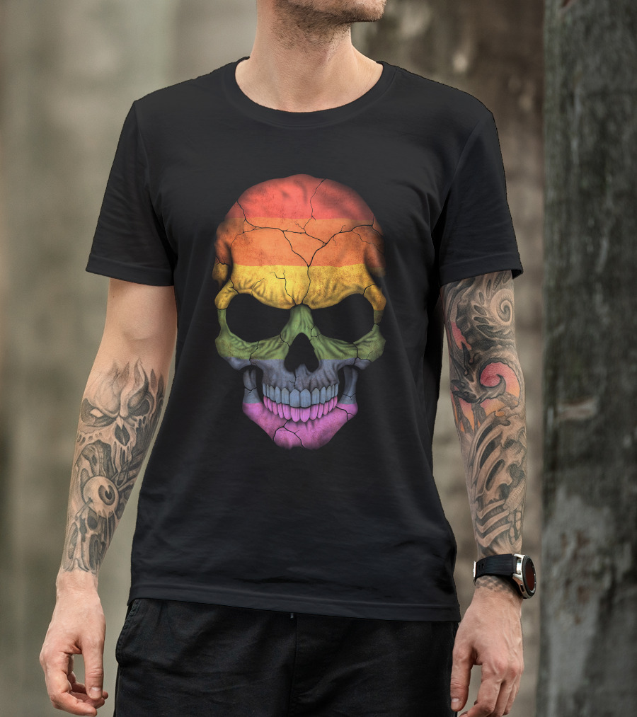 Gay Pride Rainbow Flag Skull Cracked Texture T-Shirt