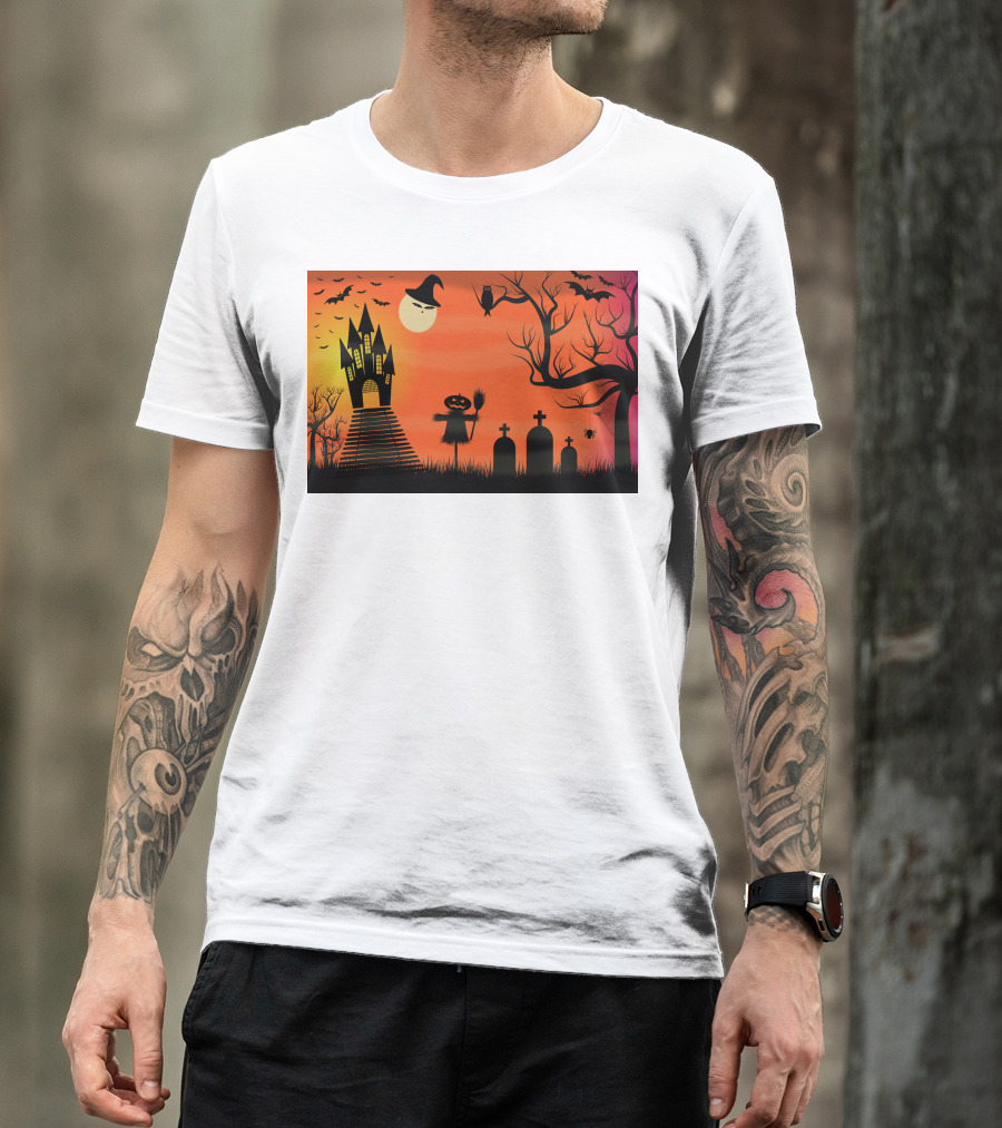 Halloween Haunted Castle Silhouette With Bats And Graveyard Scene T-Shirt