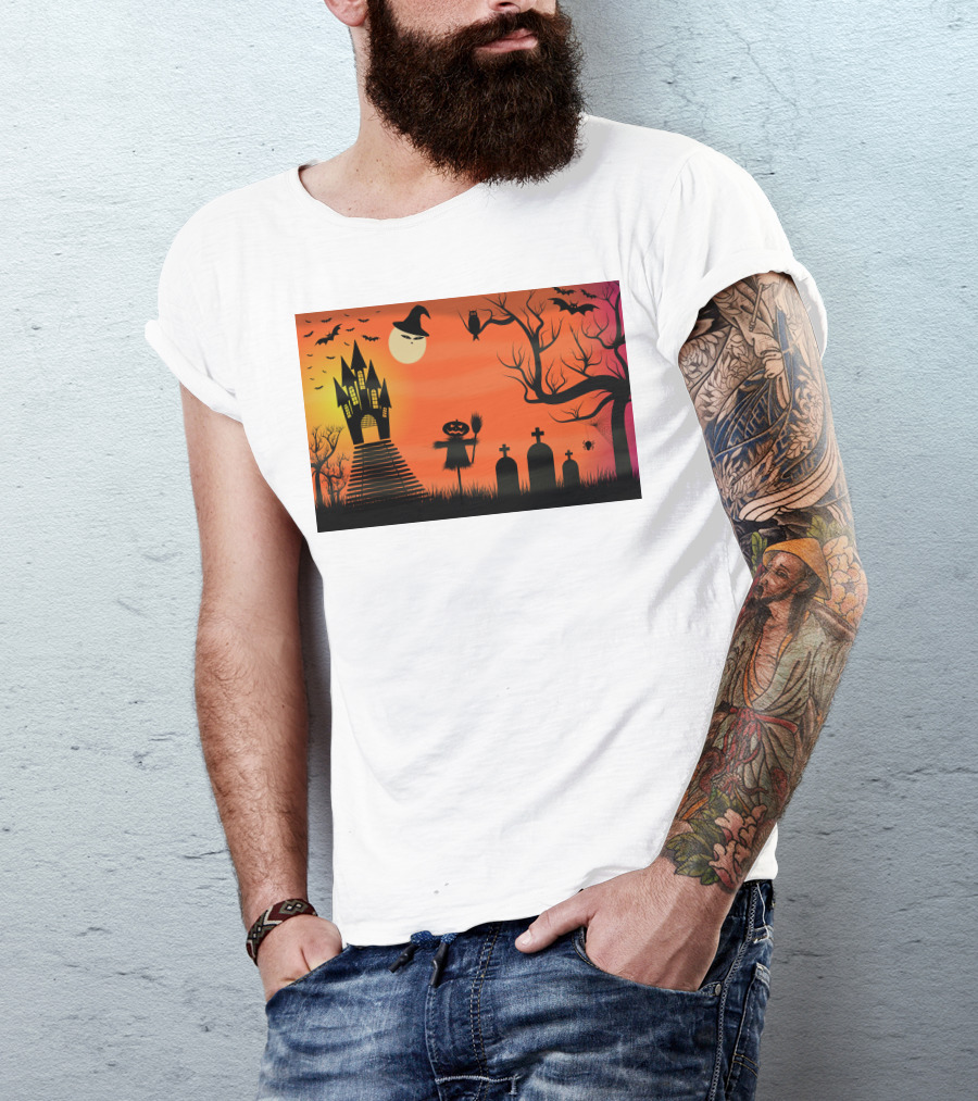 Halloween Haunted Castle Silhouette With Bats And Graveyard Scene T-Shirt