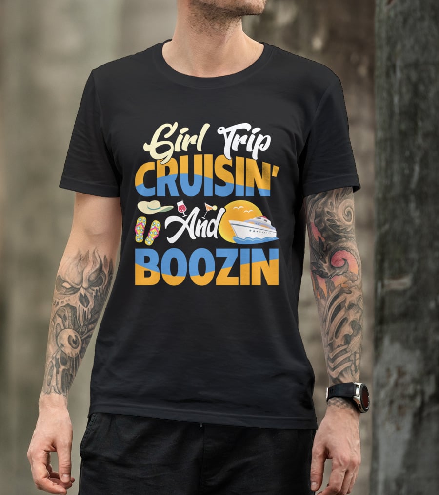 Girl Trip Cruisin' And Boozin' With Flip-Flops, Sun Hat, Drinks, And Cruise Ship Sunset T-Shirt