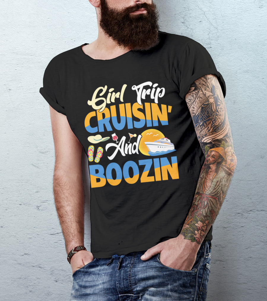 Girl Trip Cruisin' And Boozin' With Flip-Flops, Sun Hat, Drinks, And Cruise Ship Sunset T-Shirt
