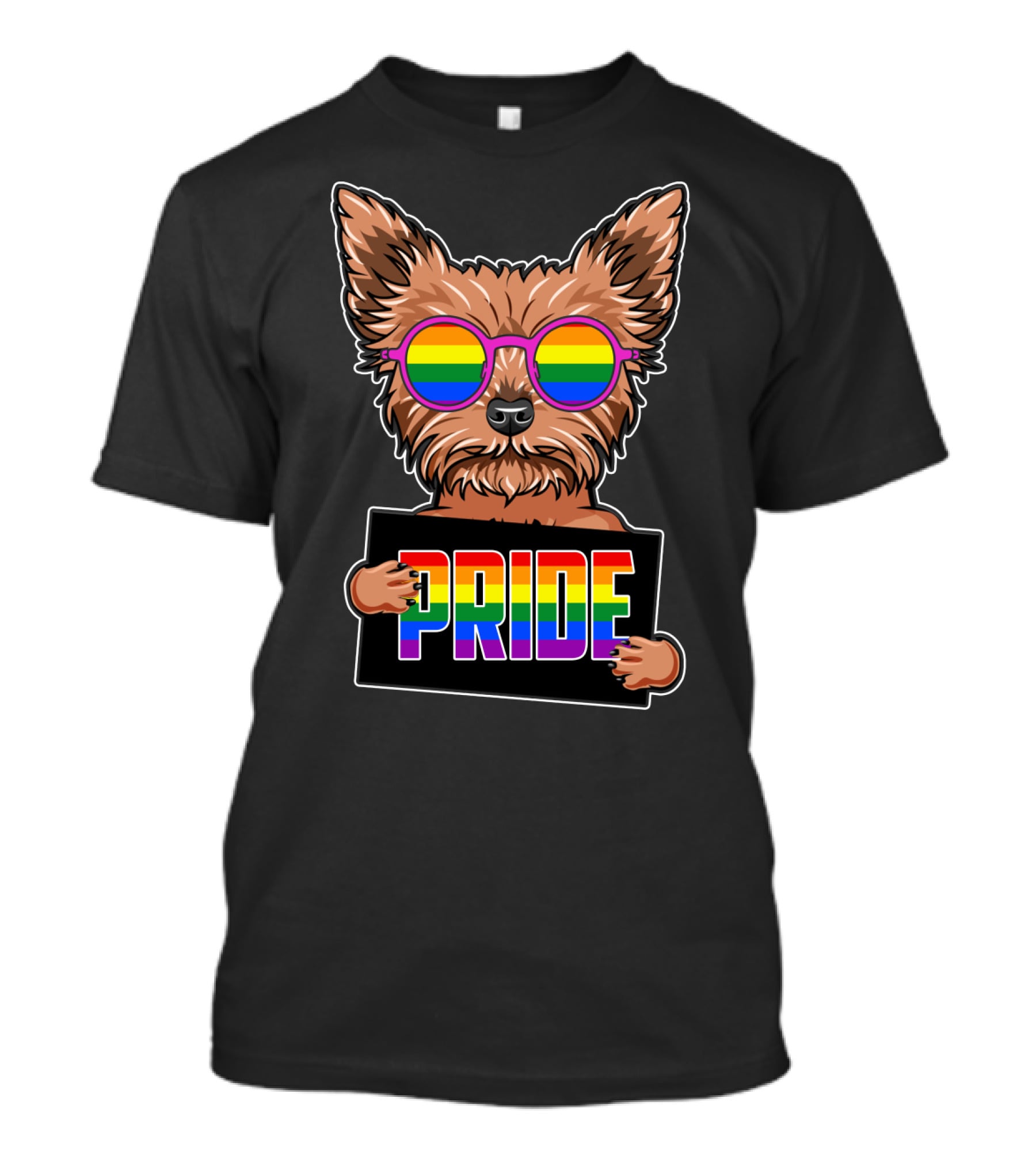 Yorkshire Terrier With Rainbow Glasses Holding Pride Sign T-Shirt