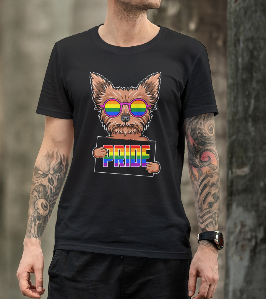 Yorkshire Terrier With Rainbow Glasses Holding Pride Sign T-Shirt