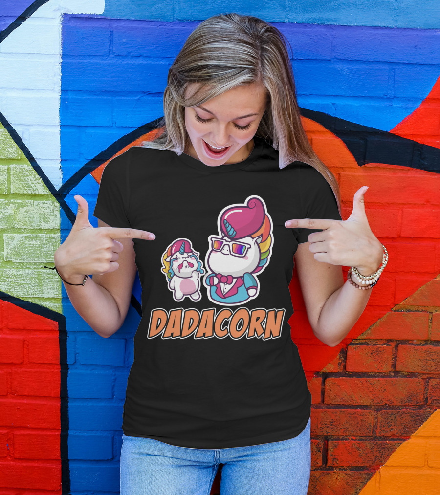 Dadacorn Unicorn Dad And Baby With Rainbow Outfits And Sunglasses T-Shirt