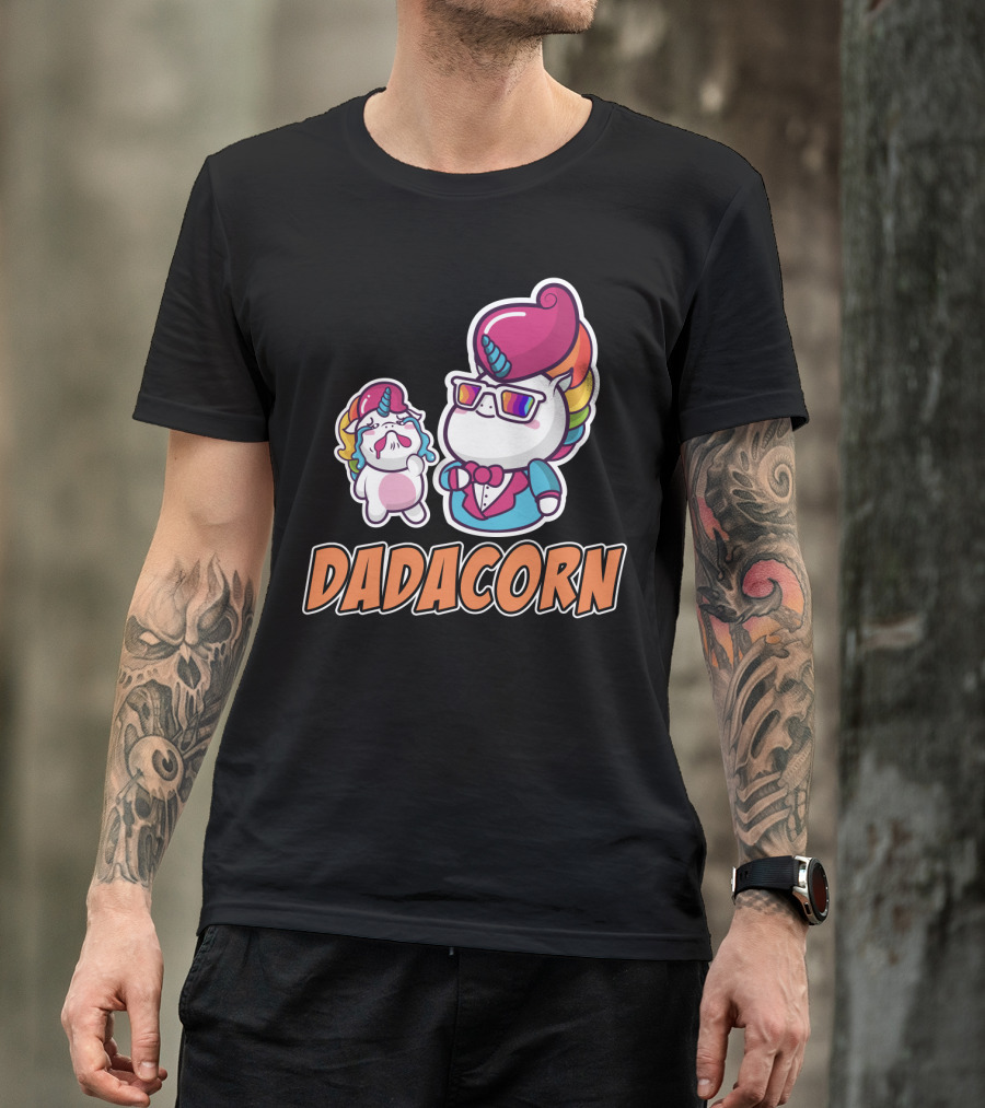Dadacorn Unicorn Dad And Baby With Rainbow Outfits And Sunglasses T-Shirt