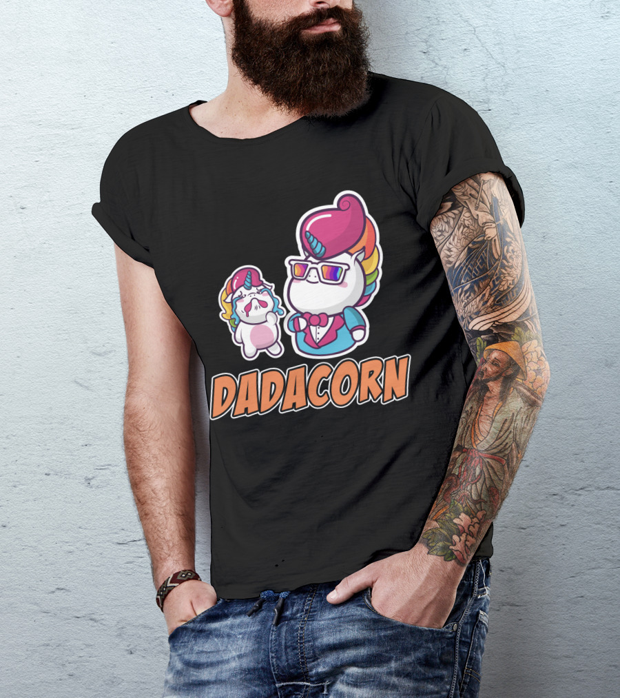 Dadacorn Unicorn Dad And Baby With Rainbow Outfits And Sunglasses T-Shirt