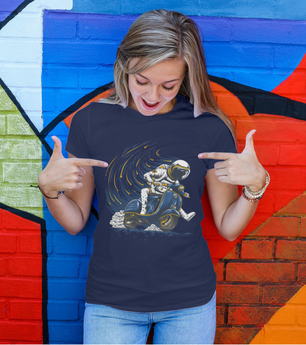 Astronaut In Spacesuit Joyfully Riding Vespa Scooter With Meteor Shower T-Shirt