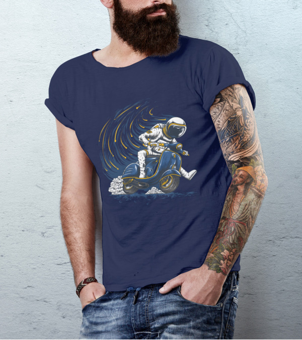 Astronaut In Spacesuit Joyfully Riding Vespa Scooter With Meteor Shower T-Shirt