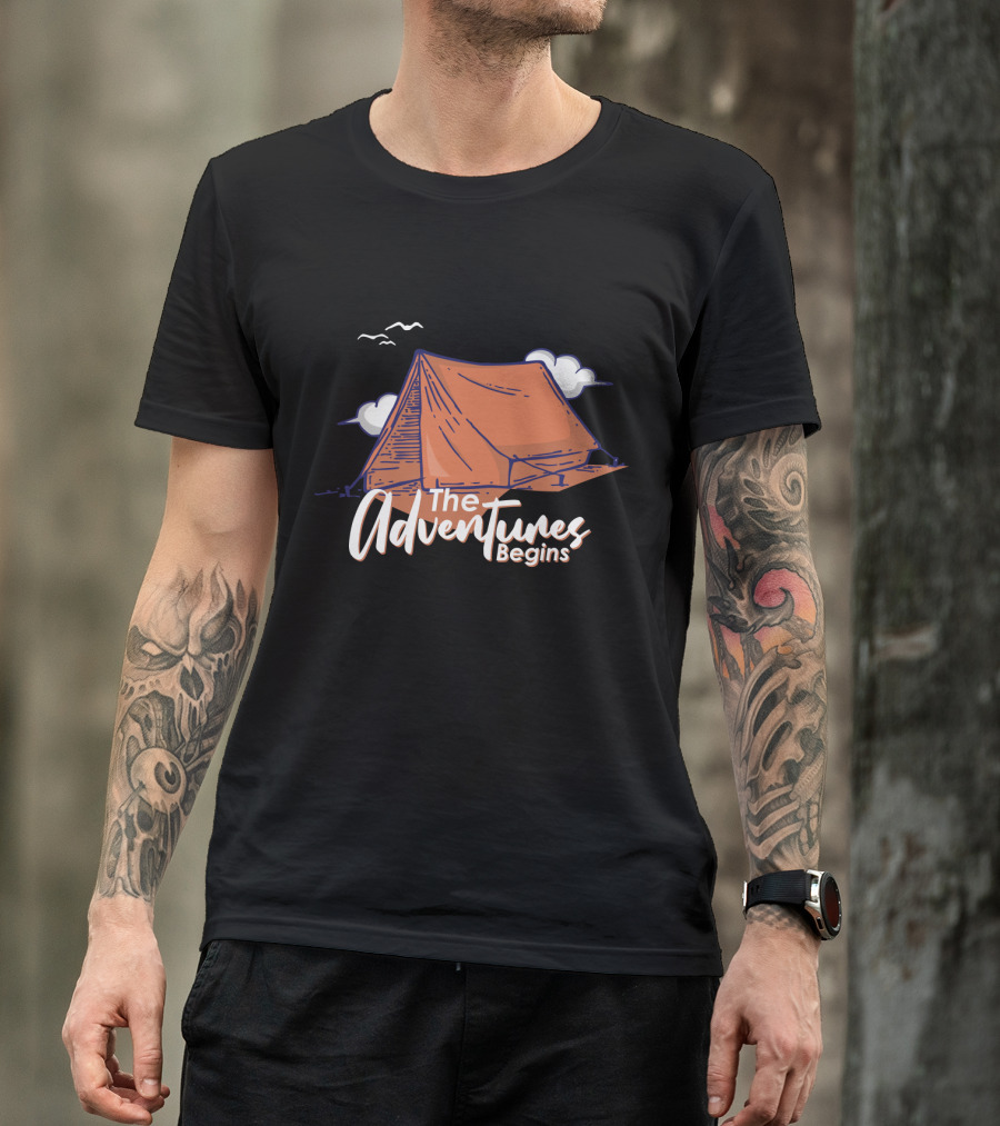 The Adventures Begins Camping Tent Clouds And Birds T-Shirt