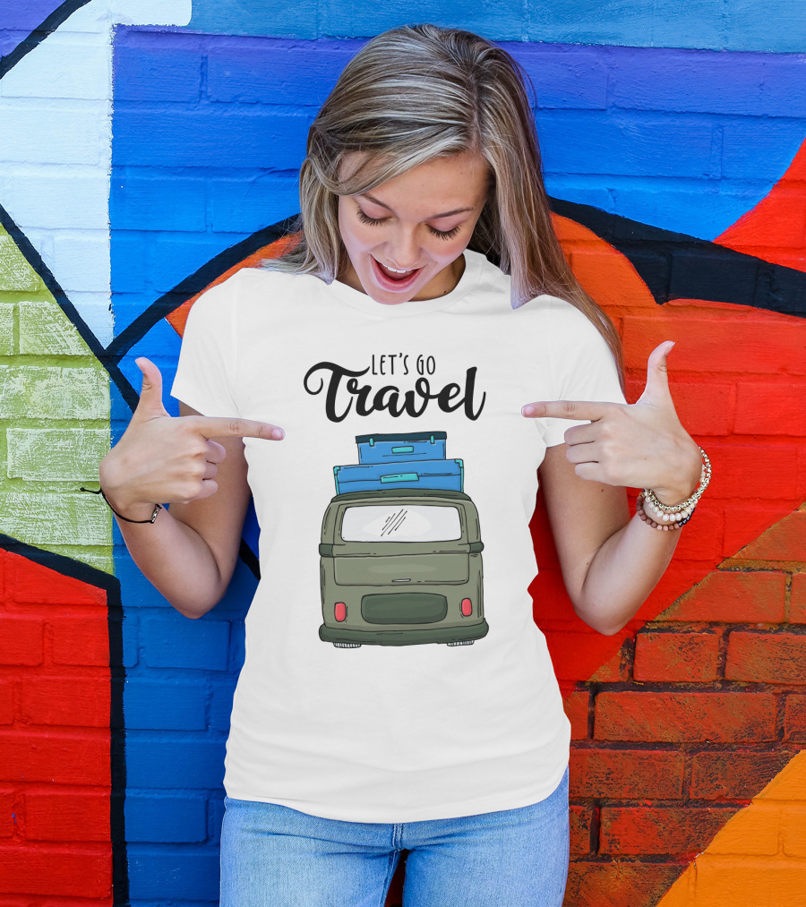 Let's Go Travel With Retro Van And Luggage Stack T-Shirt