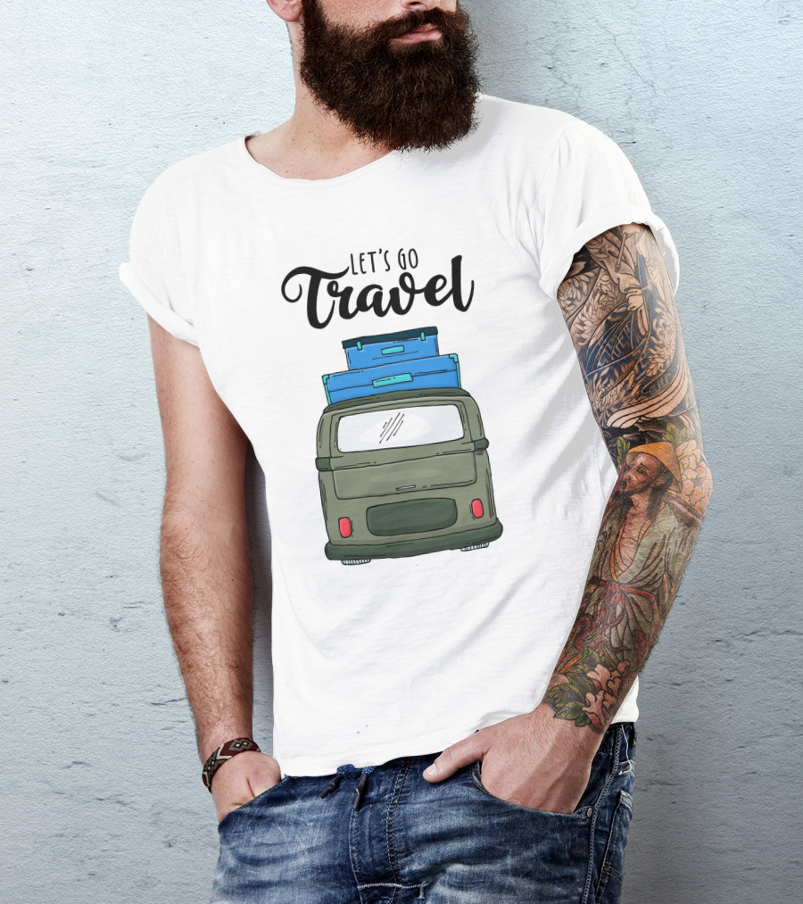 Let's Go Travel With Retro Van And Luggage Stack T-Shirt