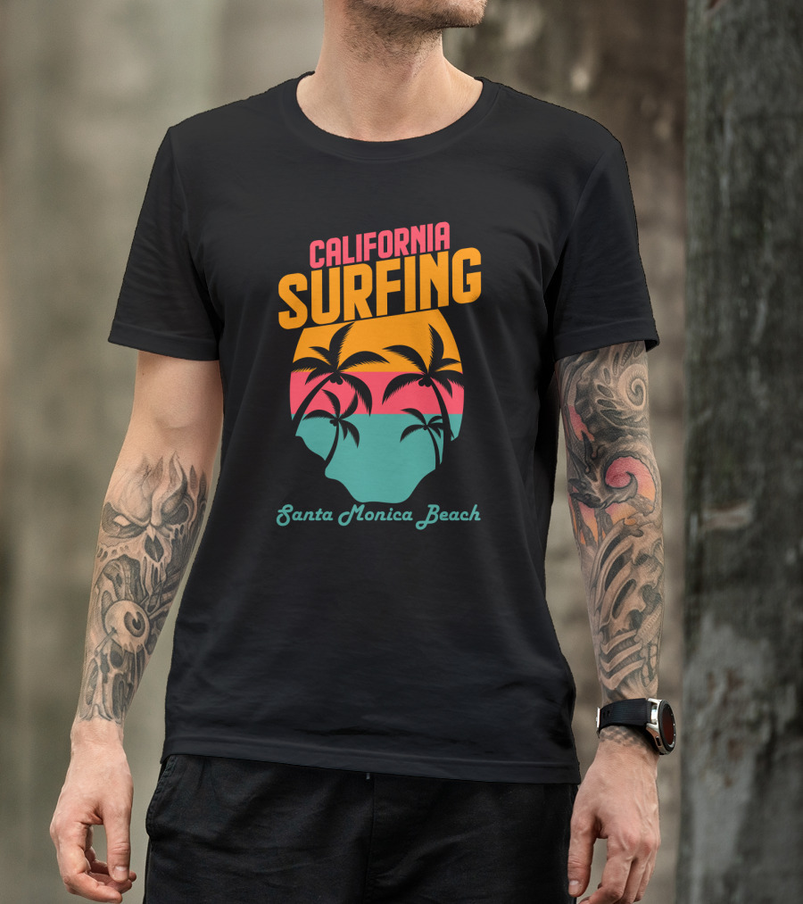 California Surfing Santa Monica Beach Sunset Palm Trees T-Shirt