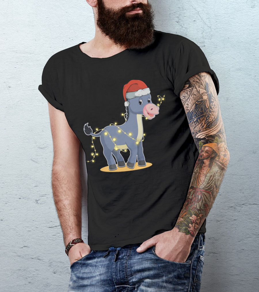 Christmas Lights Donkey With Santa Hat Holiday T-Shirt