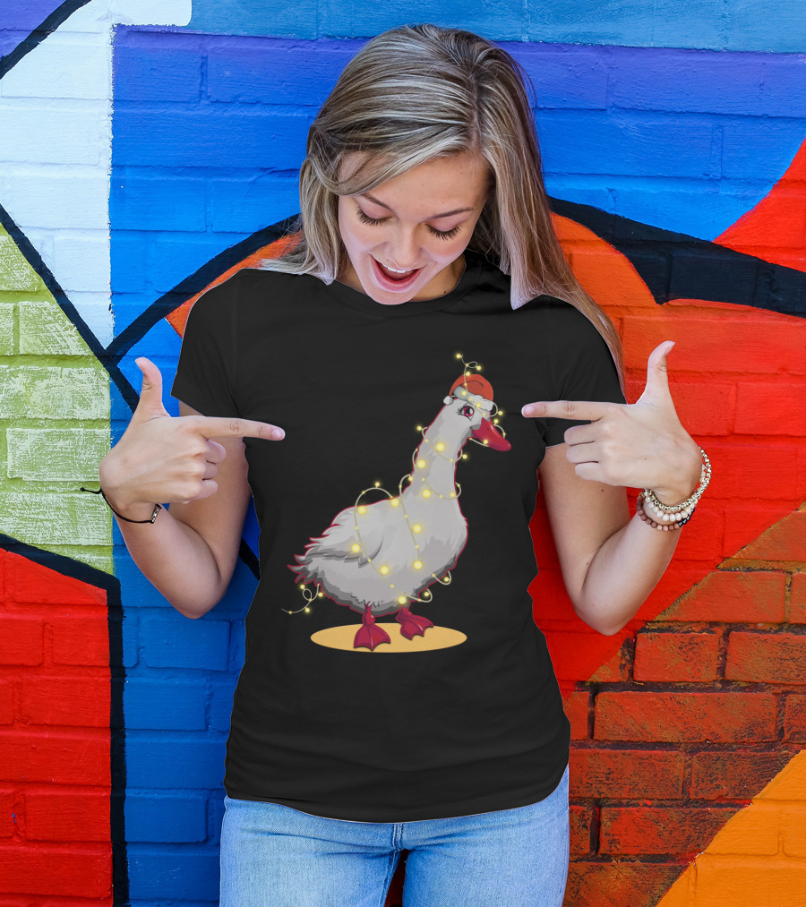 Christmas Lights Duck Wrapped In Festive String With Santa Hat T-Shirt
