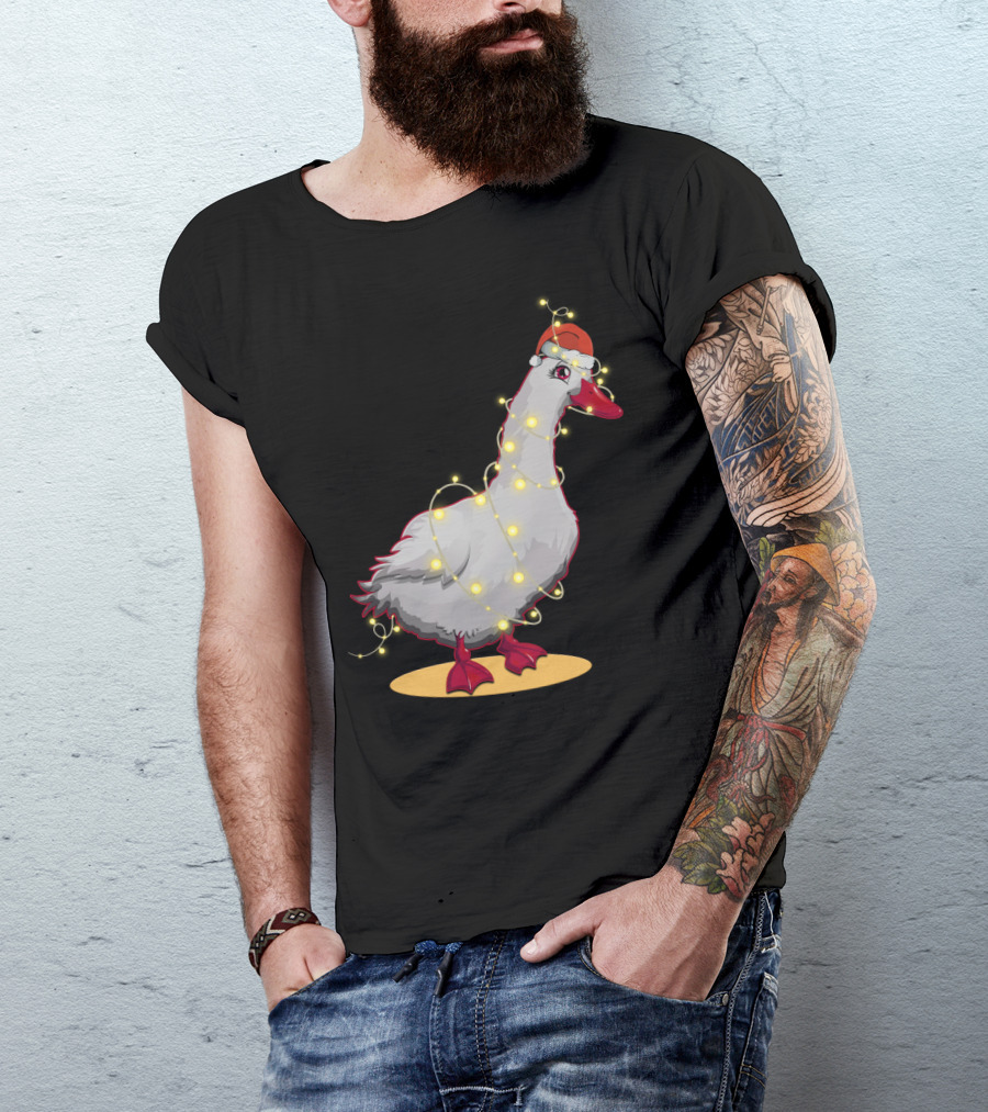 Christmas Lights Duck Wrapped In Festive String With Santa Hat T-Shirt