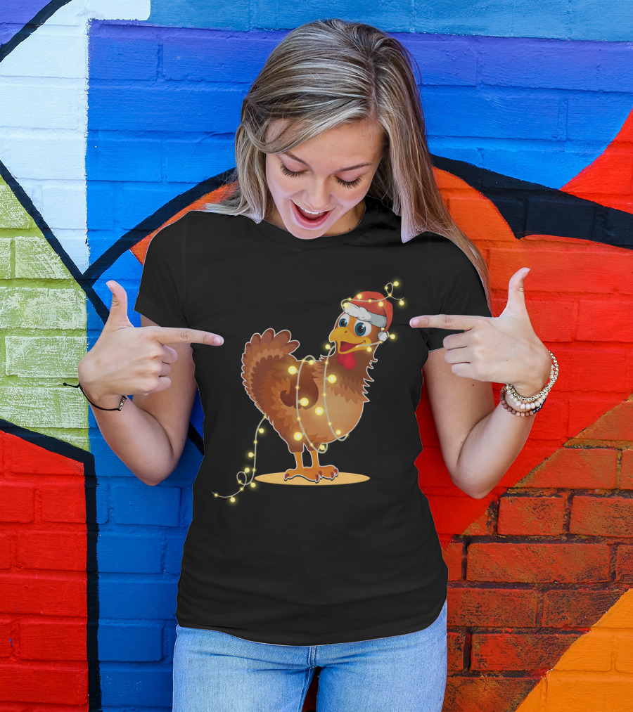 Santa Hat Chicken Wrapped In Christmas String Lights T-Shirt