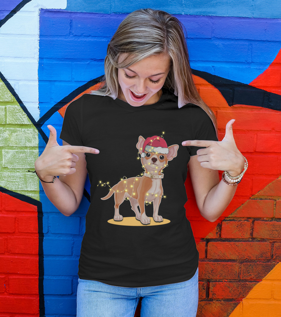 Chihuahua Wrapped In Festive Christmas Lights Wearing Santa Hat T-Shirt