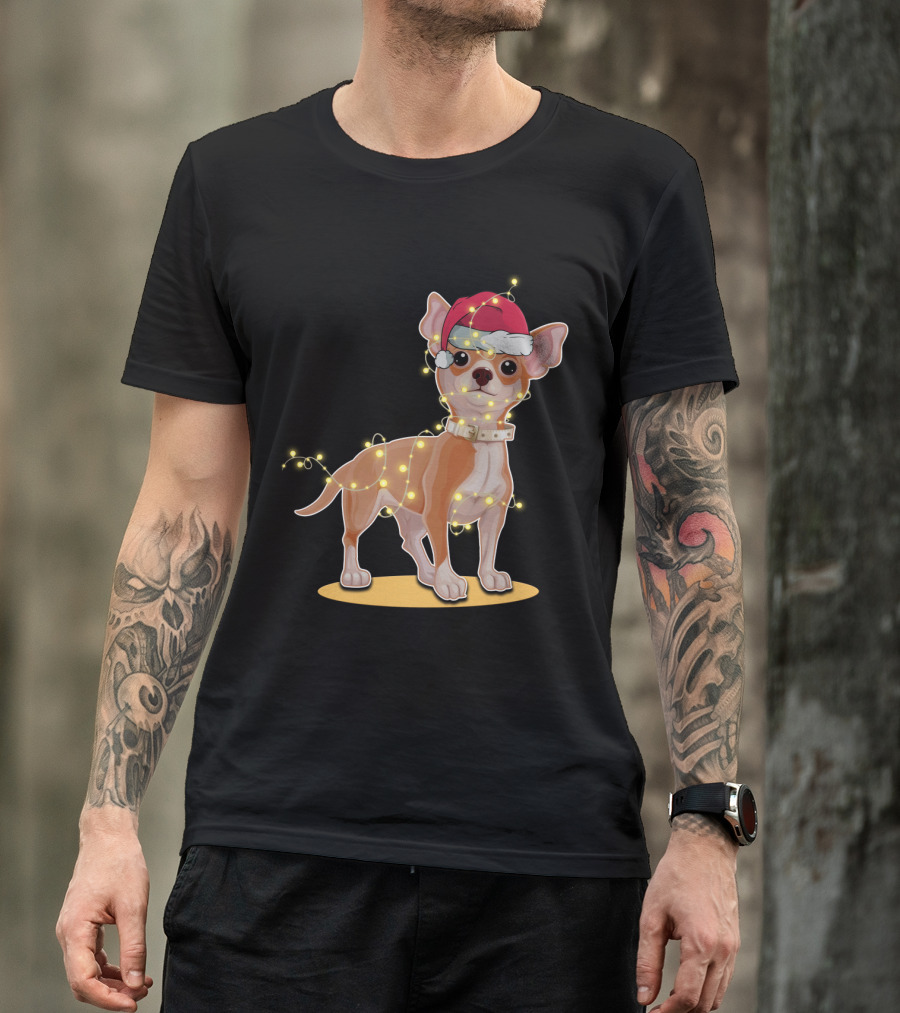 Chihuahua Wrapped In Festive Christmas Lights Wearing Santa Hat T-Shirt
