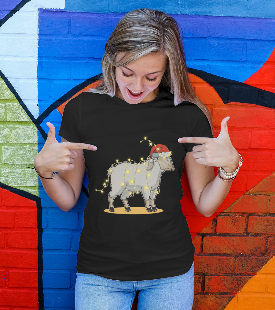 Sheep Wrapped In Christmas Lights With Santa Hat Holiday Decor T-Shirt