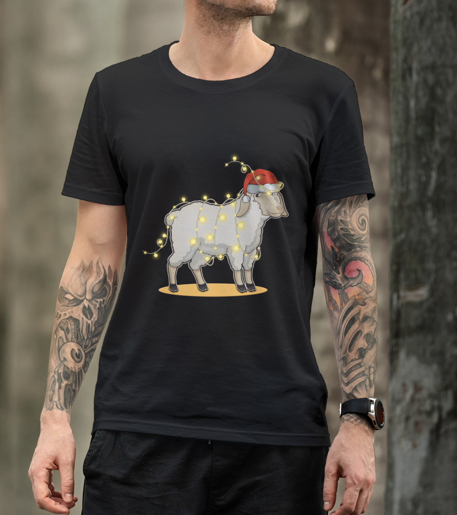 Sheep Wrapped In Christmas Lights With Santa Hat Holiday Decor T-Shirt