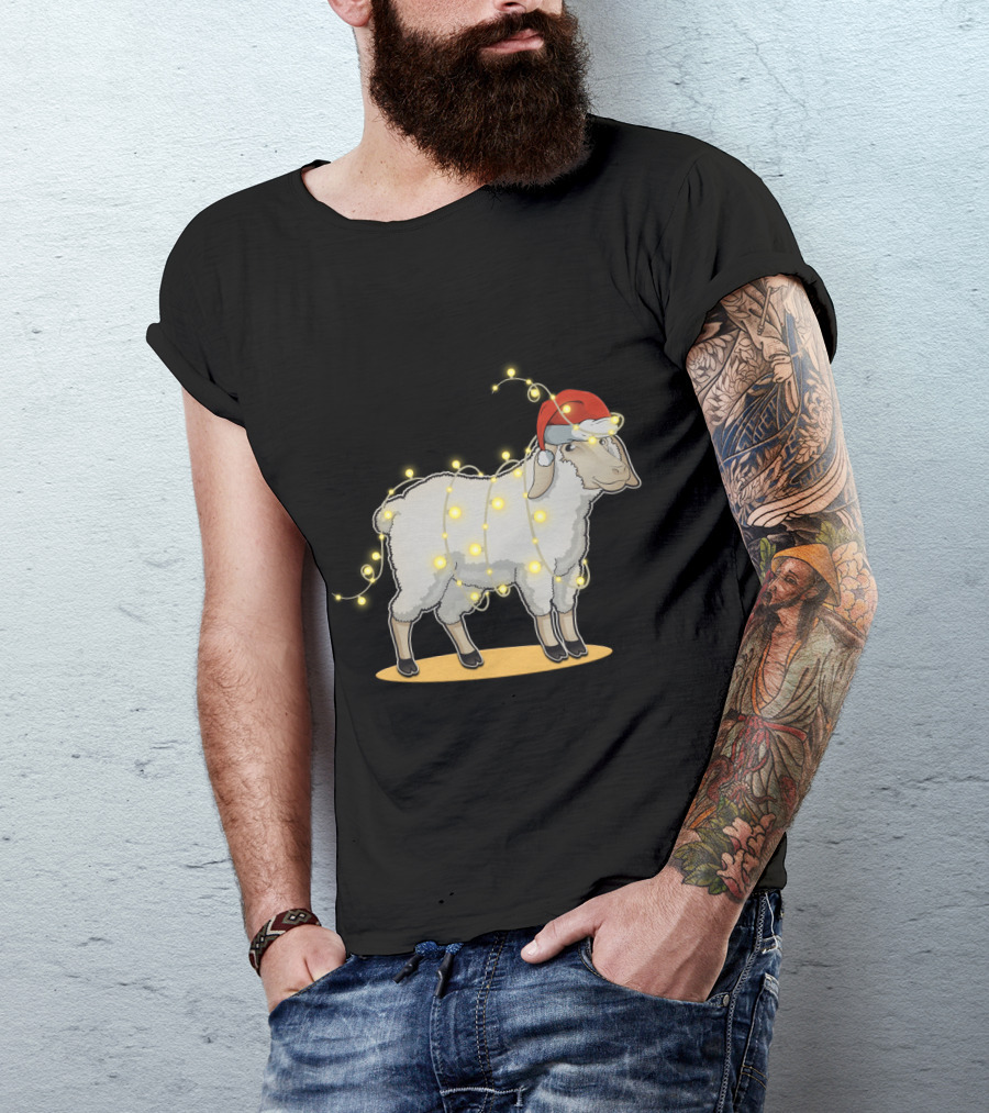 Sheep Wrapped In Christmas Lights With Santa Hat Holiday Decor T-Shirt