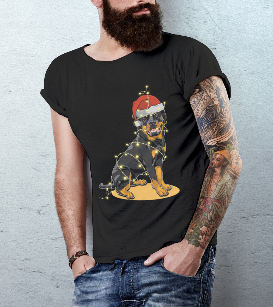 Rottweiler Wrapped In Christmas Lights With Santa Hat T-Shirt