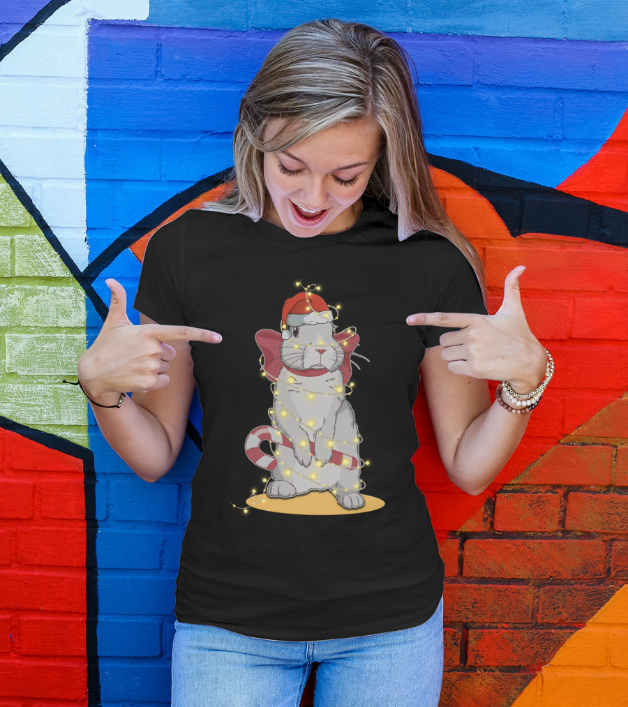 Christmas Lights Rabbit Santa Hat Candy Cane Festive T-Shirt