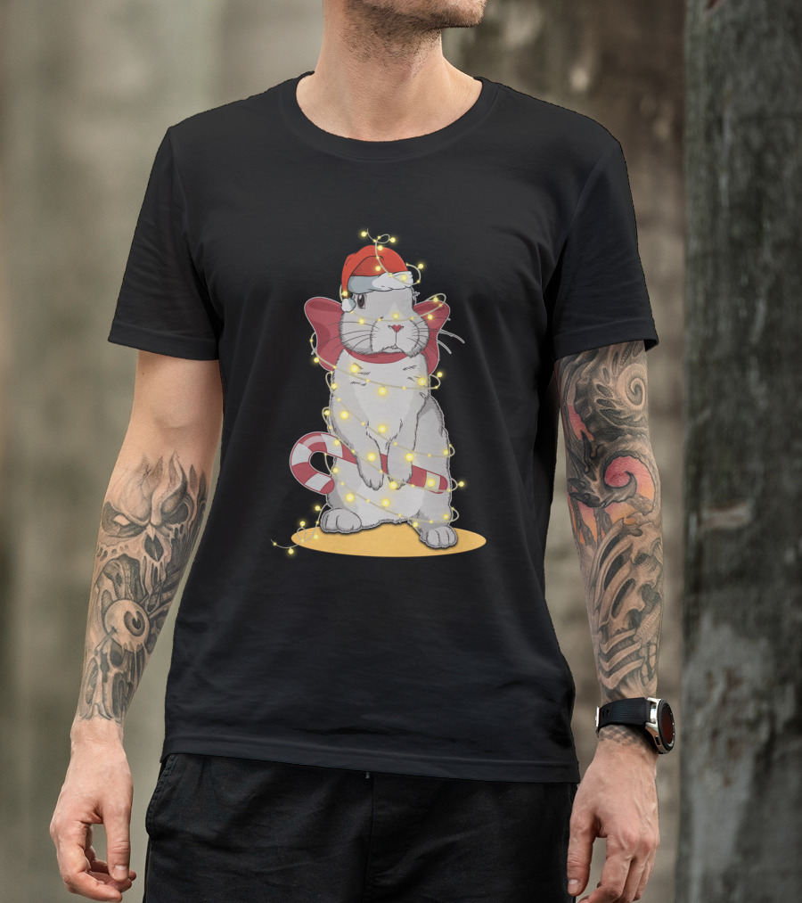 Christmas Lights Rabbit Santa Hat Candy Cane Festive T-Shirt