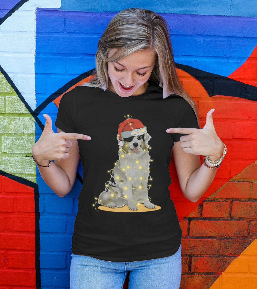 Santa Hat Australian Shepherd Wrapped In Christmas Lights T-Shirt