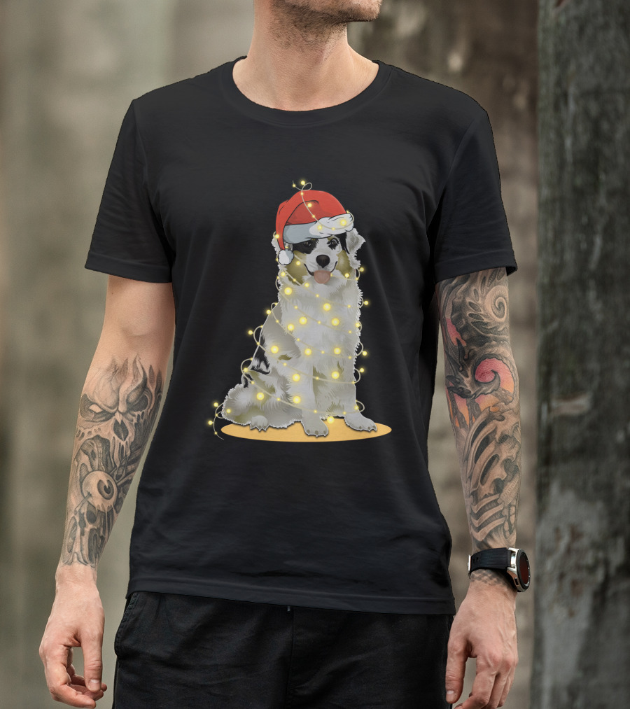 Santa Hat Australian Shepherd Wrapped In Christmas Lights T-Shirt