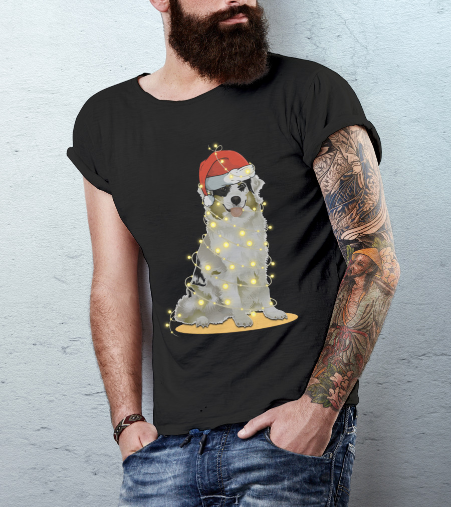 Santa Hat Australian Shepherd Wrapped In Christmas Lights T-Shirt