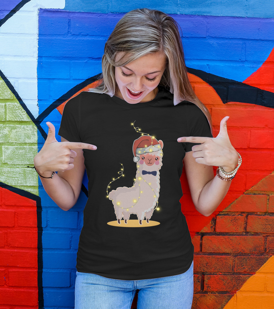 Alpaca Wrapped In Christmas Lights Wearing Santa Hat And Bow Tie T-Shirt
