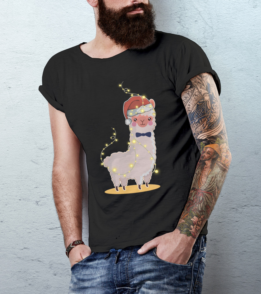 Alpaca Wrapped In Christmas Lights Wearing Santa Hat And Bow Tie T-Shirt