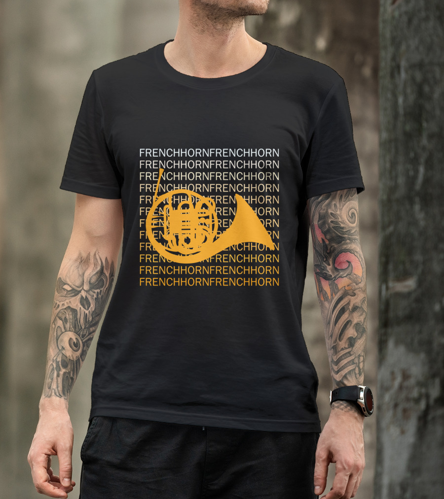 Repeating French Horn Text With Yellow Instrument T-Shirt