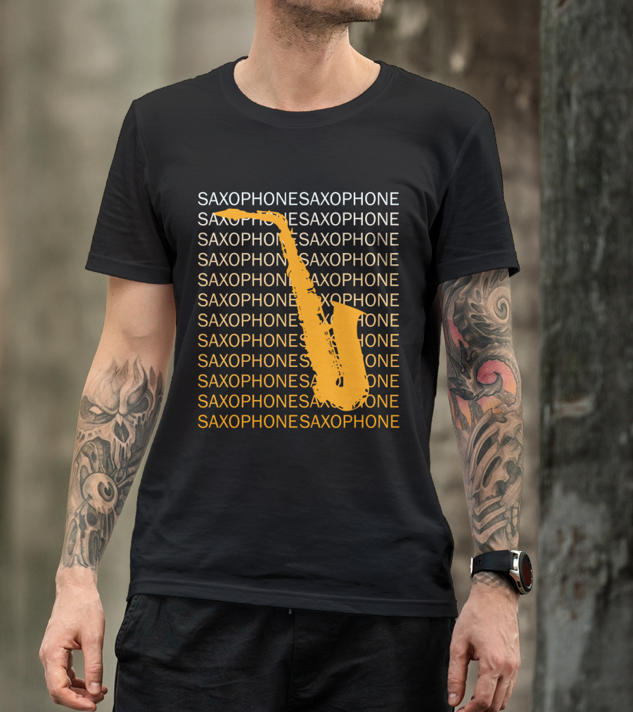 Saxophone Repeated Pattern With Bold Orange Saxophone Highlight T-Shirt