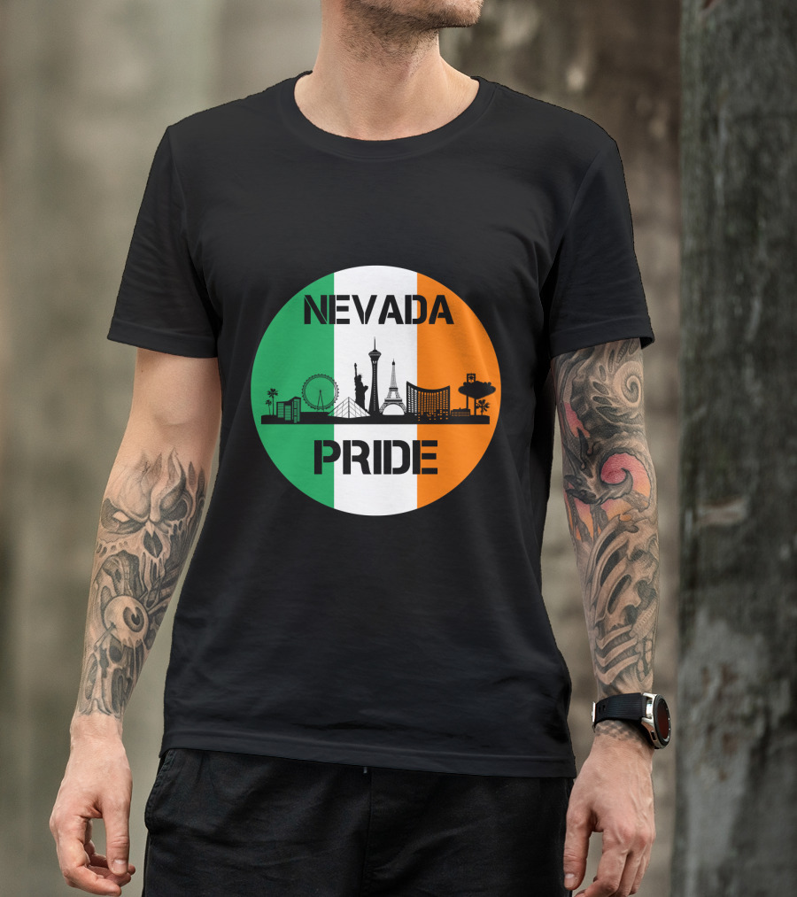 Nevada Pride Skyline With Irish Flag Colors And Iconic Landmarks T-Shirt