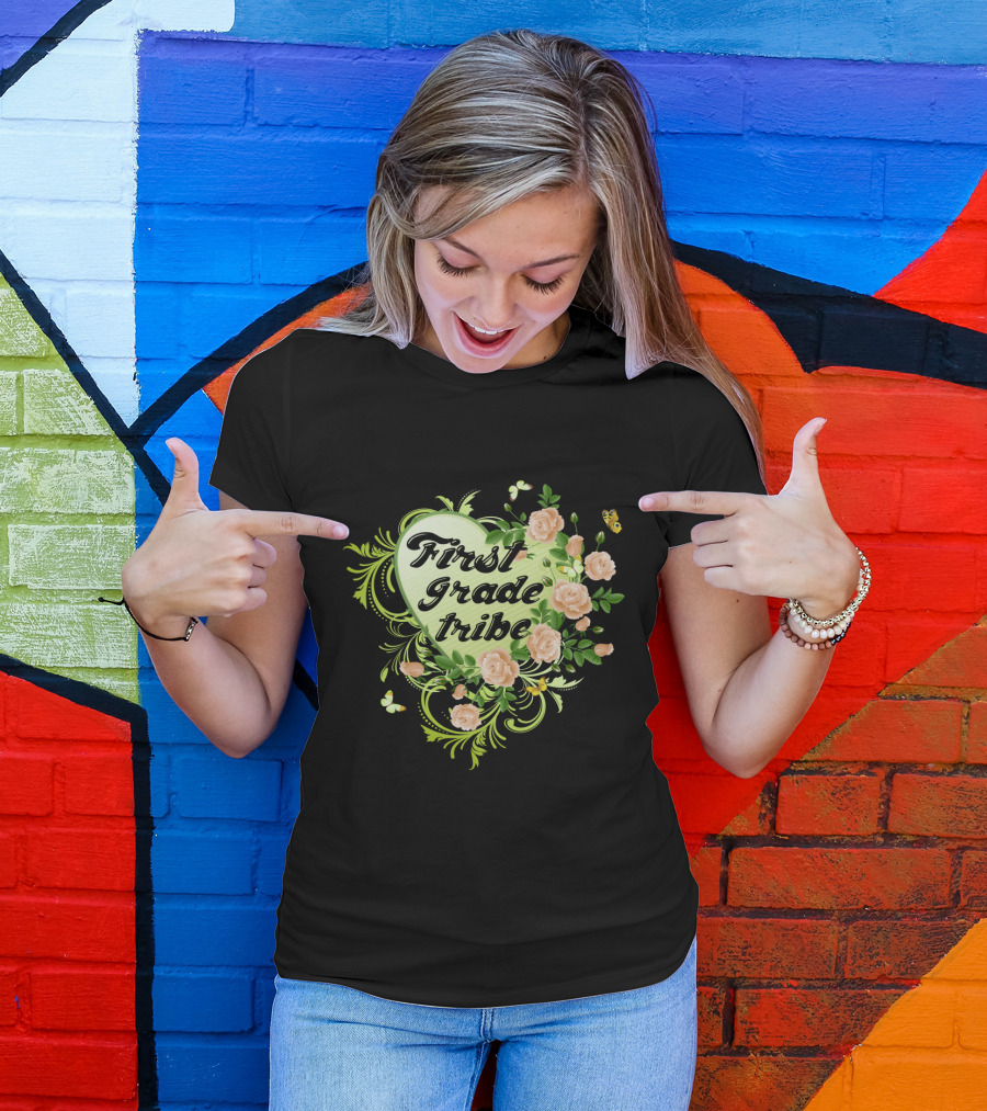First Grade Tribe Floral Heart Butterfly Womens Teacher T-Shirt
