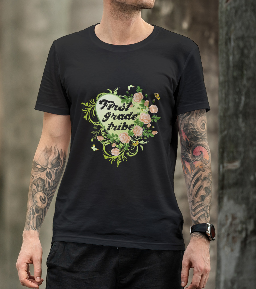 First Grade Tribe Floral Heart Butterfly Womens Teacher T-Shirt