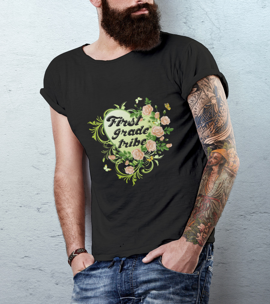 First Grade Tribe Floral Heart Butterfly Womens Teacher T-Shirt