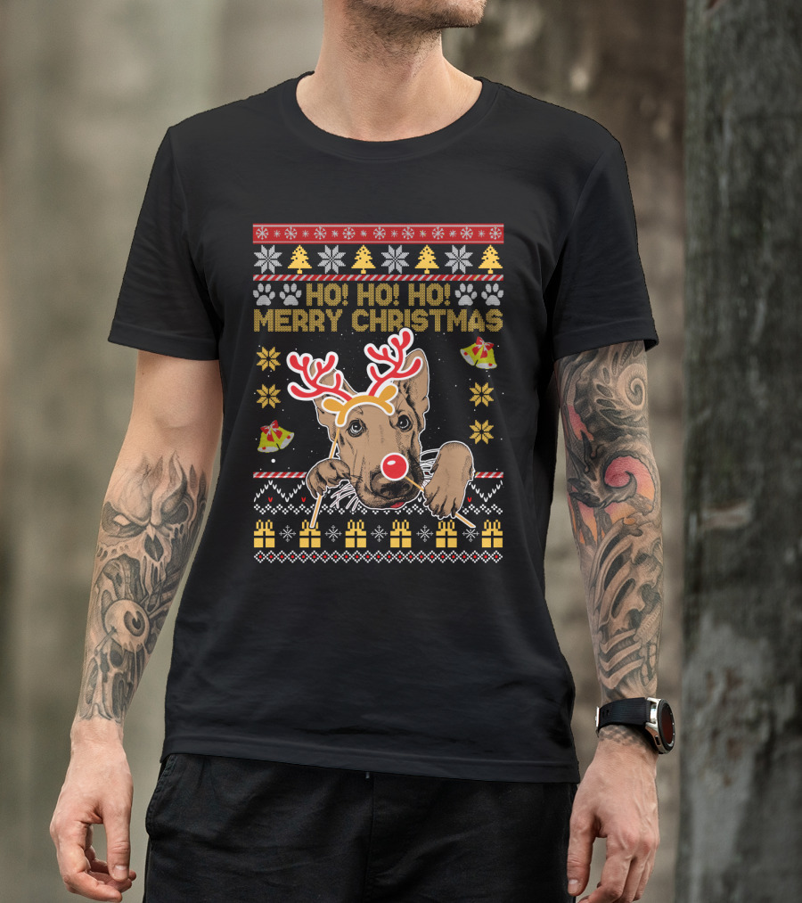HO HO HO Merry Christmas German Shepherd Reindeer Antlers Ugly Sweater Style Holiday Bells Presents Snowflakes T-Shirt