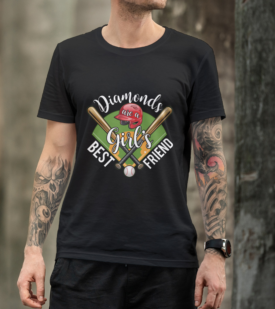 Diamonds Are A Girl's Best Friend Baseball Theme With Bats, Red Helmet, And Field T-Shirt