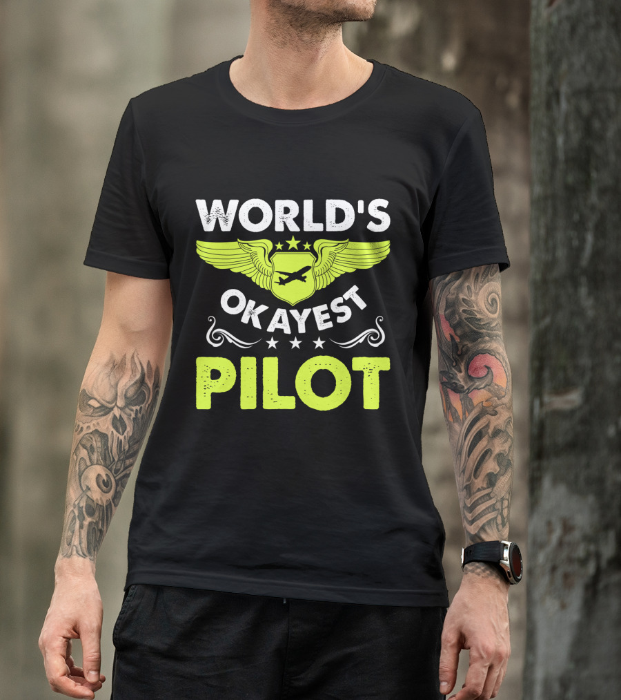 WORLD'S OKAYEST PILOT Wing Emblem Stars T-Shirt