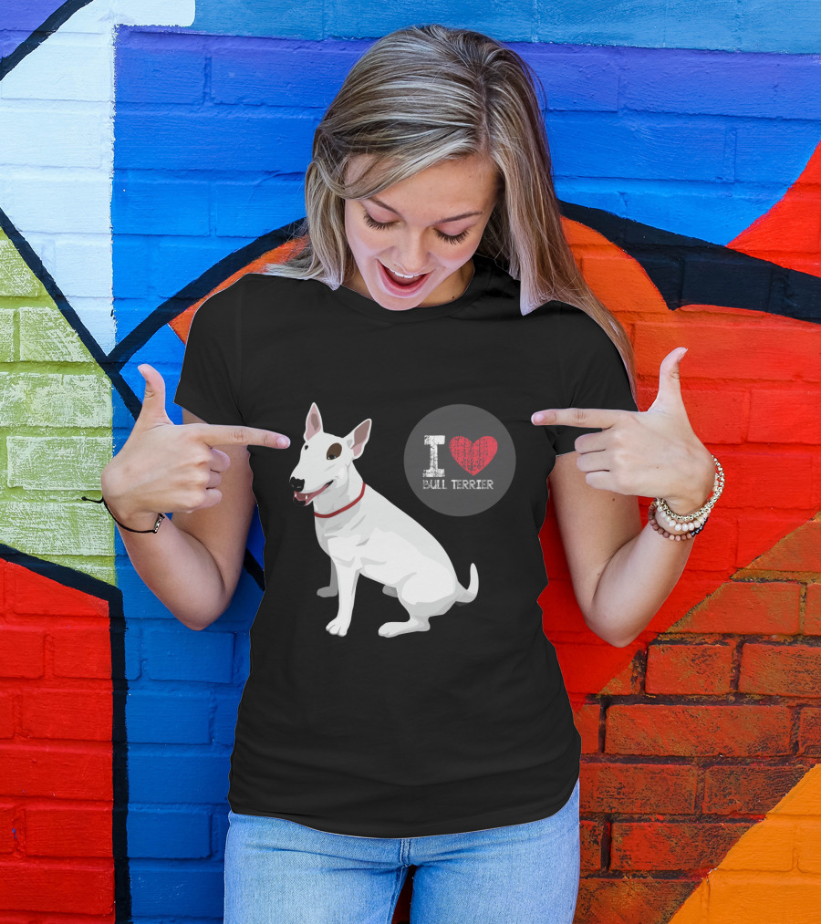 I Love Bull Terrier White Dog Sitting With Red Collar T-Shirt
