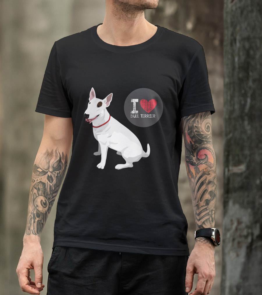 I Love Bull Terrier White Dog Sitting With Red Collar T-Shirt