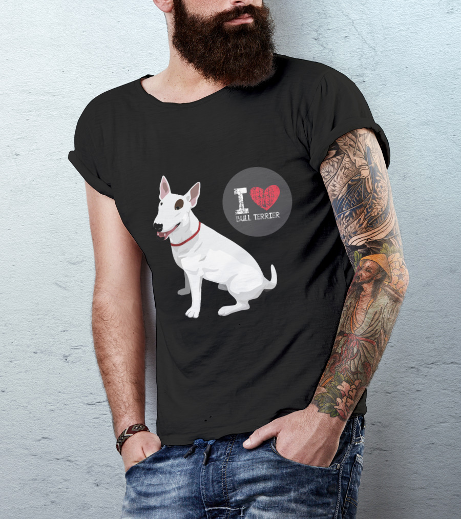 I Love Bull Terrier White Dog Sitting With Red Collar T-Shirt
