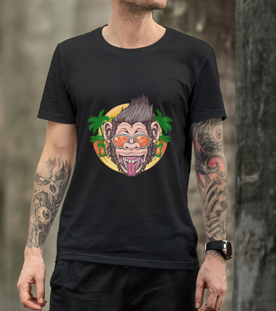 Funny Chimpanzee Sunglasses Tropical Sunset T-Shirt