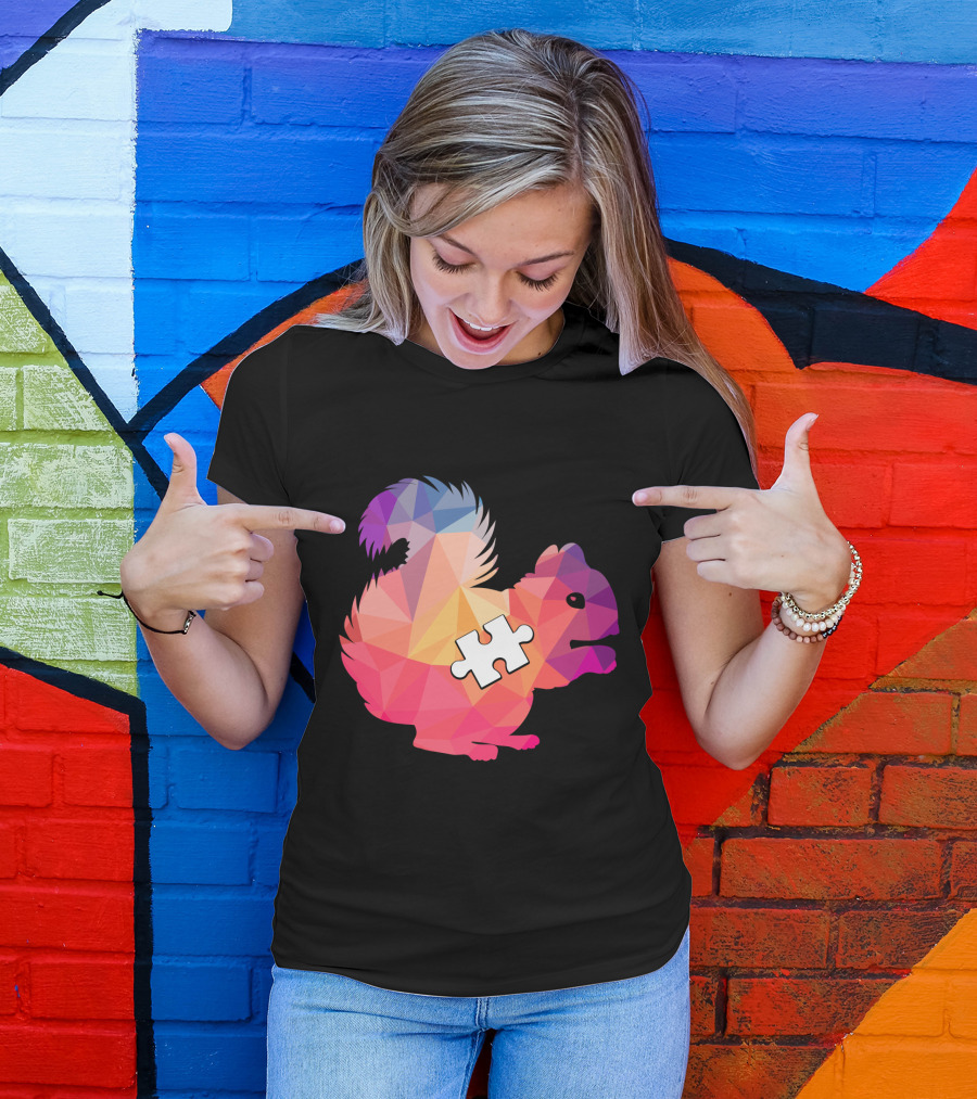 Squirrel Autism Awareness Puzzle Piece Geometric Multicolor T-Shirt
