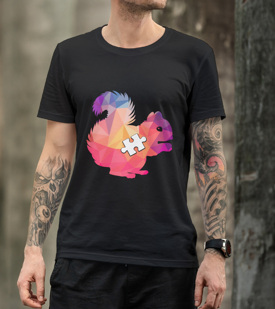 Squirrel Autism Awareness Puzzle Piece Geometric Multicolor T-Shirt