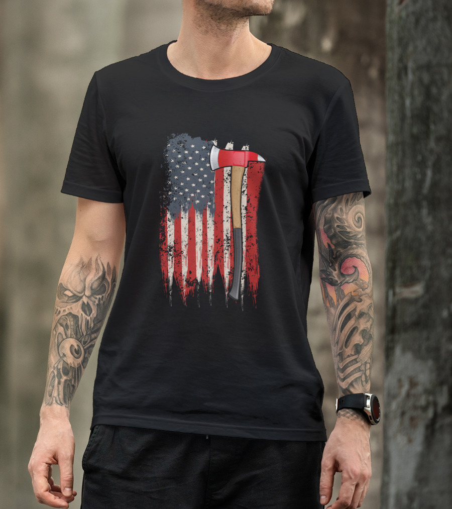 American Flag Themed Firefighter Axe Symbolizing Patriotism T-Shirt