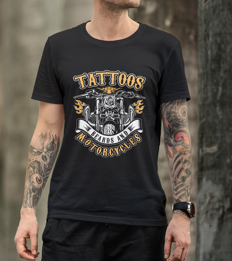 Tattoos Beards And Motorcycles Tattooed Bearded Biker Flames Banners T-Shirt